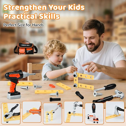 Premium Kids Tool Set, Portable Carrying Bag with Battery Powered Toy Drill, Easy-Grip Pretend Play Toddler Tool Kit, Construction Toys for Boys & Girls Age 3-8, STEM Gifts