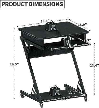 ALISENED Computer Desk for Small Spaces Compact Desk with Keyboard Tray | 23.6" Z-Shaped, with Wheels and Bottom Shelves, for Home Office, Computer Cart Mobile Laptop Cart, Black