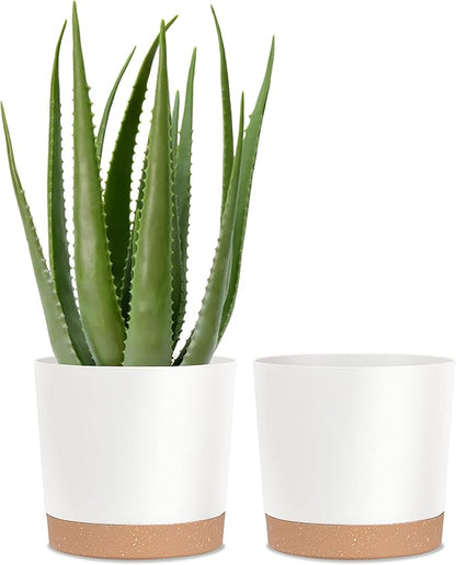 kubvici Plant Pots for Indoor Plants, 2 Pack 10 Inch Plant Pot Plastic Flower Pots Planters with Drainage Saucer for Indoor Outdoor Garden Home (10" White)