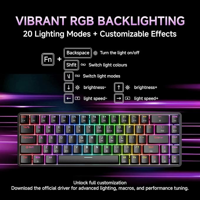 DIERYA DK68 60% Wireless Mechanical Gaming Keyboard, 3-Mode, Bluetooth 5.0/2.4G/USB-C, RGB Backlit, 68-Key Compact Mini for Windows, Mac, Linux - Linear Red Switch - Black