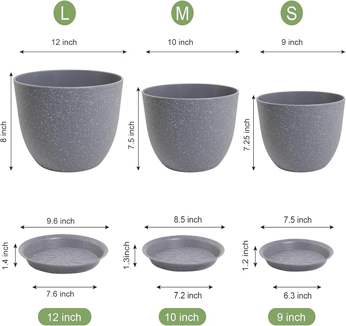 12/10/9 inch Large Plant Pots, 3 Pack Modern Decorative Plastic Planters with Drainage Holes and Saucer for House Garden Plants, Flower Pots for Indoor Outdoor Plants, Speckled Grey