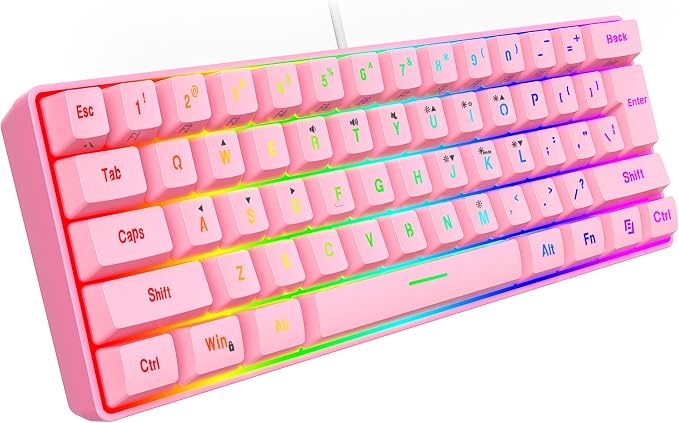 Snpurdiri 60% Wired Gaming Keyboard, 61 Keys RGB Backlit Ultra-Compact Mini Gaming Keyboard for PC/Mac Gamer, Typist, Travel, Easy to Carry on Business Trip(Pink) | Backlit Ultra-Compact Mini Gaming Keyboard for PC/Mac Gamer, Typist, Travel, Easy to Ca...