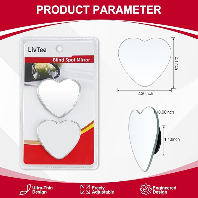 LivTee Blind Spot Mirrors, Heart Shaped HD Glass Frameless Convex Rear View Mirrors, Wide Angle Adjustable Stick for Side Mirror, Automotive Exterior Accessories for Car, SUV & Trucks, Pack of 2