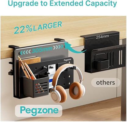PEGZONE Desk Side Storage Organizer, Fits Flat Edge 0.4" to 2.2", Black | No Drill Under Desk Laptop Holder, Clamp on Desks Shelf with Pegboard Accessories, Hanging Laptop Mount