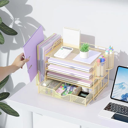 gianotter 5-Tier Desk Organizer with Drawers and File Holders | Letter Trays and Pen Holders - Workspace Accessories for Office Supplies (Gold)