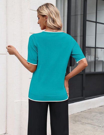 Zeagoo Women's Short Sleeve Sweater 2026 Spring Summer Tops Lightweight Casual V Neck Sweaters Dressy Work Blouses Clothes