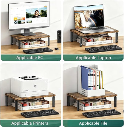 OPNICE Adjustable Monitor Stand Riser for Desk, Computer & Laptop Stand, Desk Organizers and Accessories, Office Desk Accessories & Workspace Organizer for Home Office, Brown Wood 2-Pack