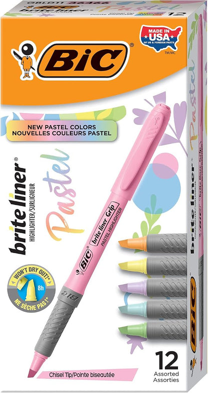 BIC Brite Liner Grip Pastel Highlighter Set, Chisel Tip, Pack of Pastel Highlighters in Assorted Colors (colors may vary), Cute Highlighters for Bullet Journaling, Note Taking and More (Pack of 18)