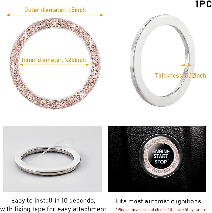 Kewucn Bling Crystal Double Rhinestone Car Engine Start Decoration Ring, Sparkling Push Start Button Sticker, Key Ignition & Knob Ring Decoration, Bling Car Interior Accessory(Peach)