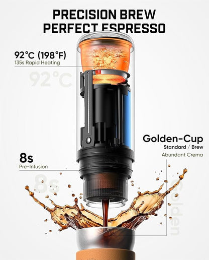Fanttik Cafein 11 Portable Coffee Machine, 20 Bar Coffee Maker with USB-C | Portable&Compact, 135s Rapid Heating, Golden-Cup Extraction, IP65, 4500mAh*3, Travel, Fishing, Hiking, Party, Gym,Office