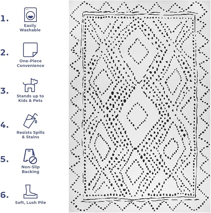 nuLOOM Mila Machine Washable Diamond Trellis Ultra Thin Runner Rug, 2' 6" x 12', White