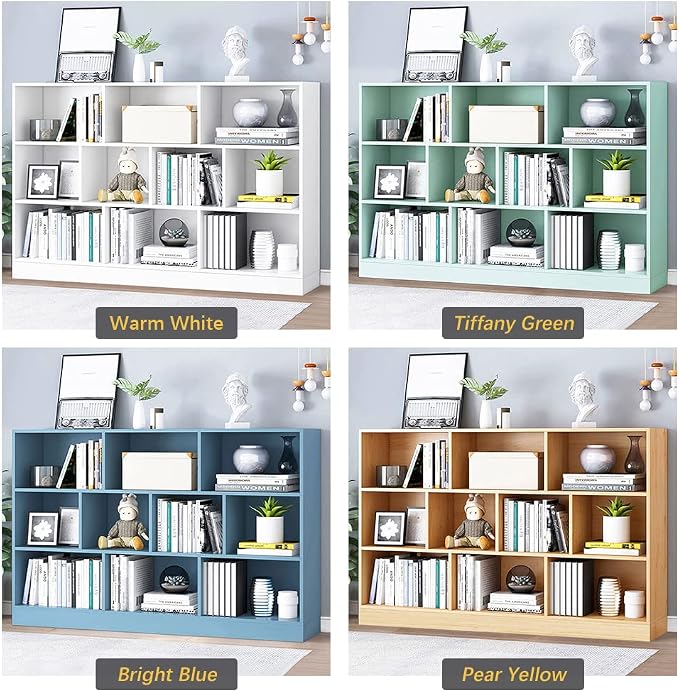 IOTXY Open Shelf Low Bookcase - Wooden 3-Tier Floor Standing Display Cabinet Organizer with Base, 10 Cubes Short Horizontal Bookshelf in Tiffany-Green