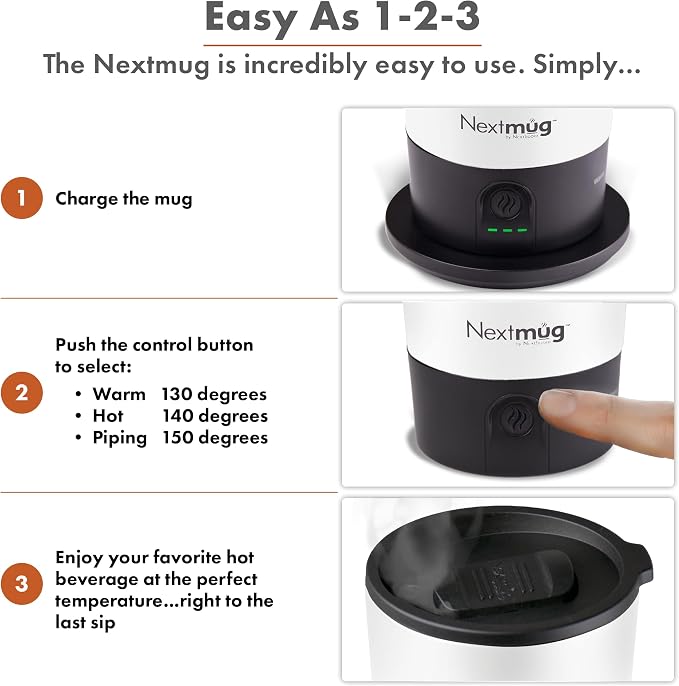 Nextmug Go - Temperature-Controlled, Self-Heating Travel Mug | (White - 16 oz.) – No App, Long-Lasting Battery for Work & Study, Great Gift for Coffee Lovers