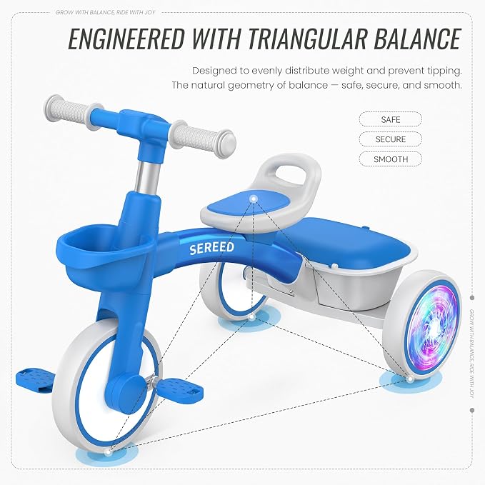 SEREED Colorful Lighting Toddler Tricycle for 2-5 Years Old Boys Girls, Adjustable Seat&Handlebar Trike, Removable Basket, Birthday Gift Idea for Kids Ages 2+ (Blue)