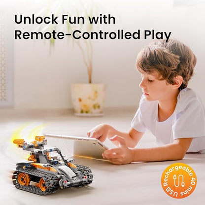 Sillbird Robot Building Kit with Remote Control STEM Gifts for Boys 8-13 | Coding Bot, Educational Birthday Presents, App-Controlled, Buildable 5in1 Models, Rechargeable Orange Robotic Set, 488 Pieces