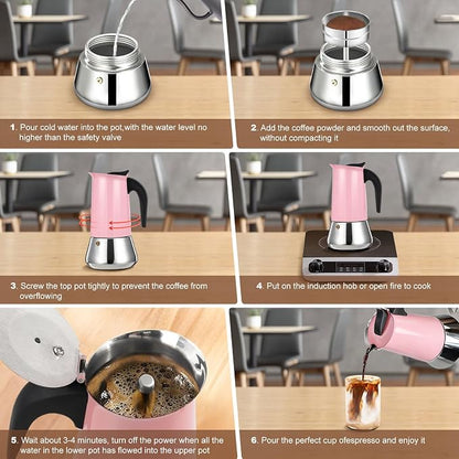 6 Cup Stovetop Espresso Maker Stainless Steel Moka Pot Stove Top Percolator Italian Coffee Makers Capable Mocha Greca Machine Cafe Classic Induction Cookers for Home and Camping 300ml 10oz