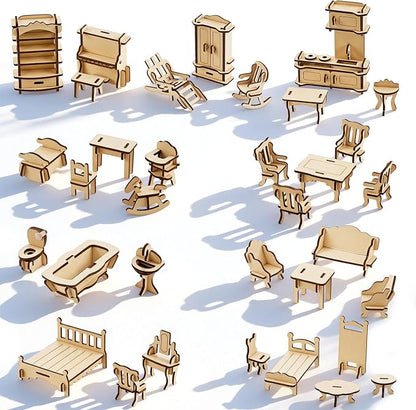 LOVEINUSA 34 PCS DIY Wooden Dollhouse Furniture Set, 1:20 Scale Miniature Room Accessories for Kitchen Living Room Bathroom for DIY Crafts Project