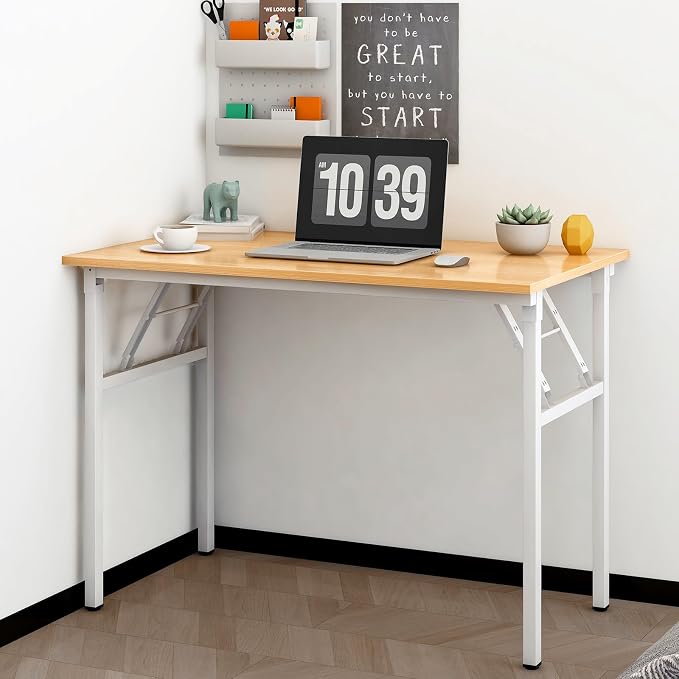 Need Office Computer Desk 39.3 Inch Sturdy Folding Laptop Table Teak | White Frame Writing Gaming Work Table/Foldable Home Office Desk/Sewing Table, No Assembly Required