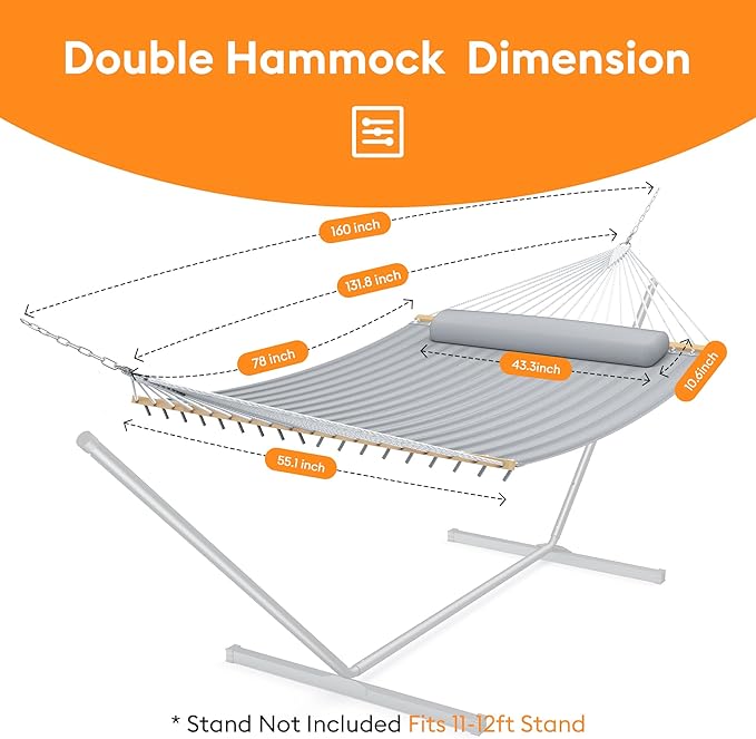 Double Hammock with Spreader Bar,Soft Pillow,Max Load 500lbs,Portable Hammock for Outdoor,Camping,and Backyard,Dark Gray