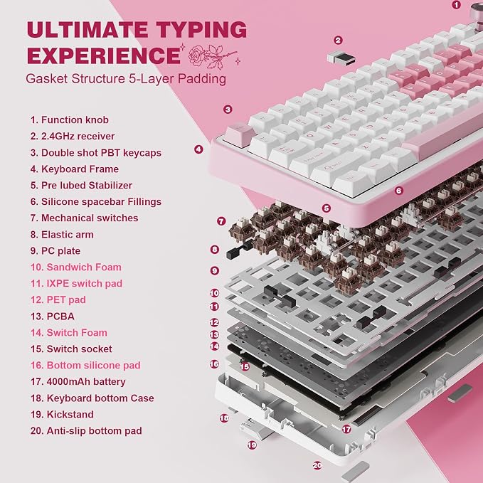 YUNZII B75 PRO 75% Wireless Mechanical Keyboard (White Heart,Cocoa V2) | Hot Swap Keyboard with Knob, Gasket Mount, Creamy Pre-lubed Switch for Smooth Typing, BT/USB-C/2.4G, for Gaming