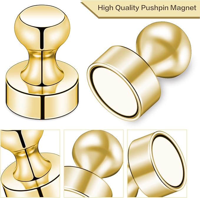 LOVIMAG Fridge Magnets 20Pcs, Magnet for Refrigerator Whiteboard, Gold | Small Strong Neodymium Metal Cute Push Pin for Classroom, Kitchen, Accessories Decorative, Office, Calendar