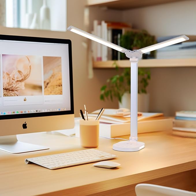 Lightess LED Desk Lamp with Wireless Charger, USB Charging Port - Dual Swing Arm Dimmable LED Desk Light with Night Light, Foldable Desk Lamp, Touch Control Table Lamp for College Dorm Room Bedroom