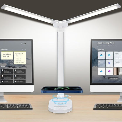 Lightess LED Desk Lamp with Wireless Charger, USB Charging Port - Dual Swing Arm Dimmable LED Desk Light with Night Light, Foldable Desk Lamp, Touch Control Table Lamp for College Dorm Room Bedroom