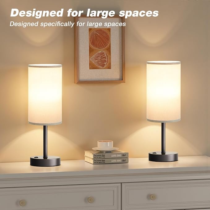 Fenmzee Grey Nightstand Bedroom Lamp - 3 Way Dimmable Bedside Lamp USB C A Charging Ports and AC Outlet, Small Table Lamp Linen Lampshade for Office Desk