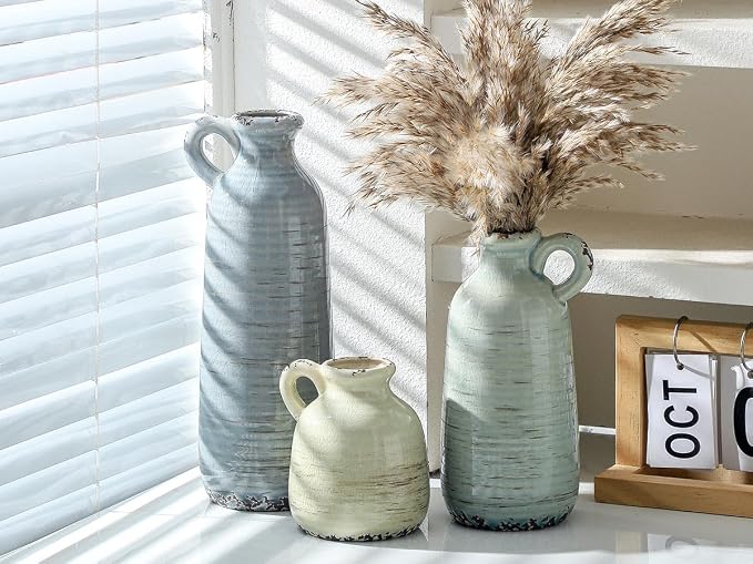 Ceramic Vase Set of 3 | Neutral Vase Home Decor with Handle | Pottery Modern Farmhouse Vases Pampas Grass Flower Vases for Home Decor Table Living Room Centerpieces Mantel Decor - Multicolor
