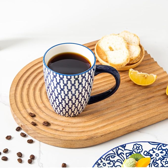Ceramic Coffee Mugs Set - 16 Oz Large Porcelain Tea Cups with Handle for Men Women Latte Cocoa Cappuccino - Christmas Housewarming Gift - Dishwasher Safe - Set of 6 - Vintage Blue