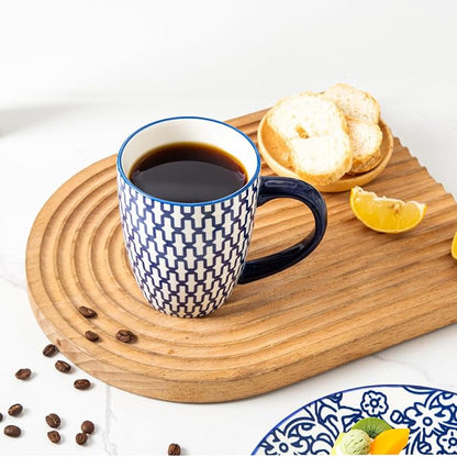 Ceramic Coffee Mugs Set - 16 Oz Large Porcelain Tea Cups with Handle for Men Women Latte Cocoa Cappuccino - Christmas Housewarming Gift - Dishwasher Safe - Set of 6 - Vintage Blue