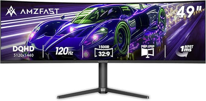 Amzfast 49 Inch Curved Monitor 120Hz DQHD (5120x1440) Ultrawide Gaming Monitor, 120% sRGB, 1500R, 1ms MPRT, HDR, Adaptive Sync, PIP/PBP, Height Adjustable, HDMI 2.0/DP 1.4, VESA 75x75, AMZG49C7U