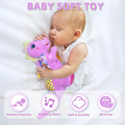 Baby Dino Musical Stuffed Animal Toys for 0-3-6-9-12 Months，Infant Dinosaur Tummy Time Toys with Crinkle Sound Paper,Teether，Textures & Rattles for Newborn Boys Girls Birthday Gifts，Purple