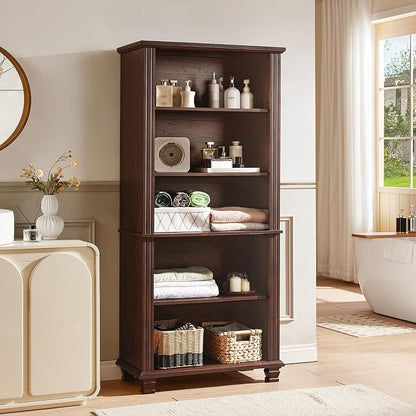 SAVOR LIFE 70" Tall Walnut Bookshelf,5 Tier Wooden Book Shelf with Adjustable Shelves & Wood Legs,Free Standing Farmhouse Bookcase with Open Display Storage,Vintage Bookshelves for Classroom, 3PCS