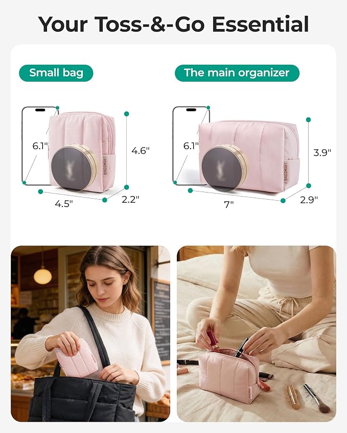 BAGSMART Puffy Travel Makeup Bag Duo Large & Small for Women, Leopard | Puffy Padded, Travel Cosmetic Organizer with Slip-in Pockets, Large Toiletry Bag & Small Purse Pouch, Travel Essentials