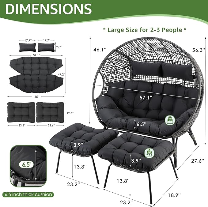 NICESOUL Indoor Outdoor Double Egg Chair with Footrest Padded Cushion, Oversized Wicker Twin Egg Shaped Chair Wide Seater with Ottoman, 2 People Loveseat Gray for Patio Porch Balcony
