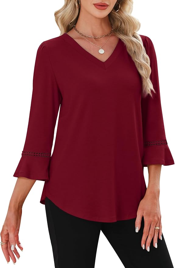 WIHOLL Womens Blouses Dressy Casual 3/4 Length Sleeve Tops Lace Trendy 2026 Spring Summer V Neck Shirts Vacation Outfits