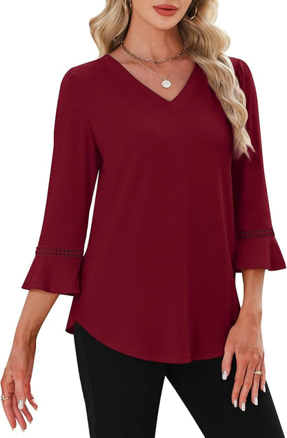WIHOLL Womens Blouses Dressy Casual 3/4 Length Sleeve Tops Lace Trendy 2026 Spring Summer V Neck Shirts Vacation Outfits