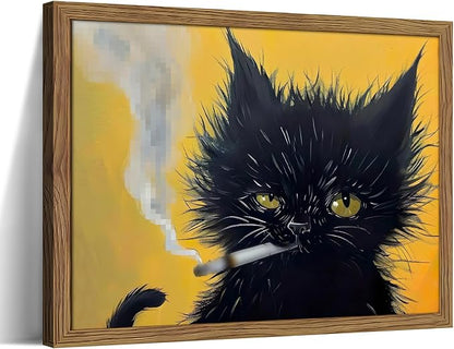 Vintage Black Cat Wall Art, Black Cat Painting Portrait Wall Decor, Mens Room Canvas Print Poster, Cool Animals Picture Art for Bathroom Decor 16x24 inch Wood Framed