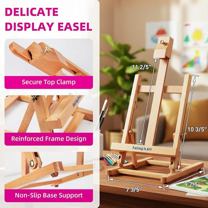 Falling in Art Tabletop Easel Set, Portable Wooden Art Easel Painting Kits for Kids, Easel for Painting Canvases, Including 12 Colors Acrylic Paints, 10 Paintbrushes and 4 Canvas Panels, Pink