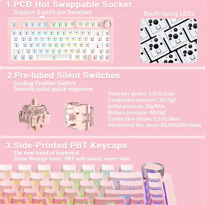 AULA F75 Pro Wireless Mechanical Keyboard Silent Version,75% Hot Swappable Custom Keyboard with Knob,RGB Backlit,Pre-lubed Switches,Side Printed PBT Keycaps,2.4GHz/USB-C/BT5.0 PC Gaming Keyboards,Pink