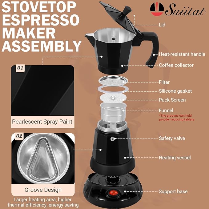 Electric Moka Pot, 3 or 6 Cup Espresso Coffee Maker, Black | Food-grade aluminum, dose reduction plate, boil-dry protection, auto-stop, detachable base, for Cuban and Italian coffee