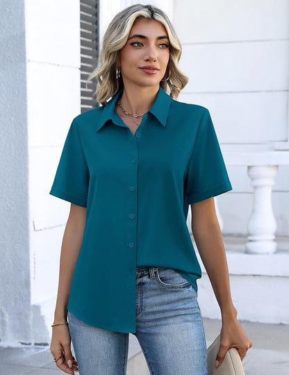 Zeagoo Button Down Shirts for Women Short Sleeve Collared Tops Dressy Casual V Neck Blouses