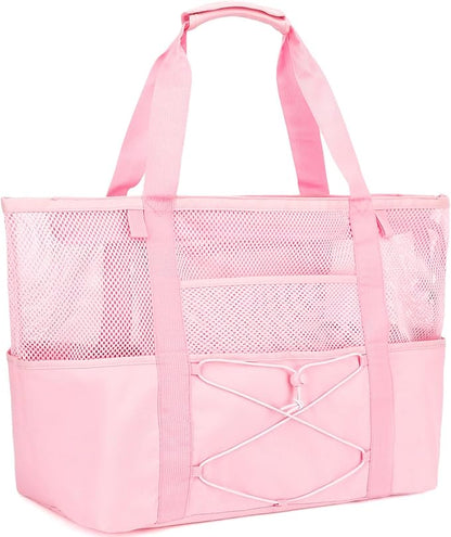 Fammart Mesh Beach Bag for Women, Large Beach Toy Pool Bag with Zipper Pocket, SandProof Cruise Essentials 2026 Family Travel