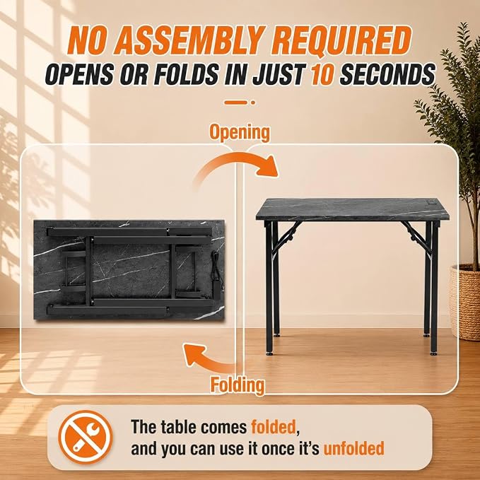Folding Table Computer Desk - 43.3" No Assembly Folding Desk with Power Outlets & USB Charging Port, Small Desk, Foldable Office Desk, Compact Storage Portable Use for Small Space, Marble Greige