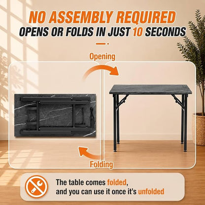 Folding Table Computer Desk - 43.3" No Assembly Folding Desk with Power Outlets & USB Charging Port, Small Desk, Foldable Office Desk, Compact Storage Portable Use for Small Space, Marble Greige