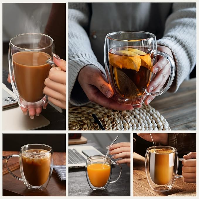DINGPAI 15 oz Double Walled Glass Coffee Mugs, Large Coffee Mug with Handle | Borosilicate Glass, Insulation, Dishwasher Safe, Clear Glass Cups with Spoon for Latte, Cappuccino, Espresso, Americano