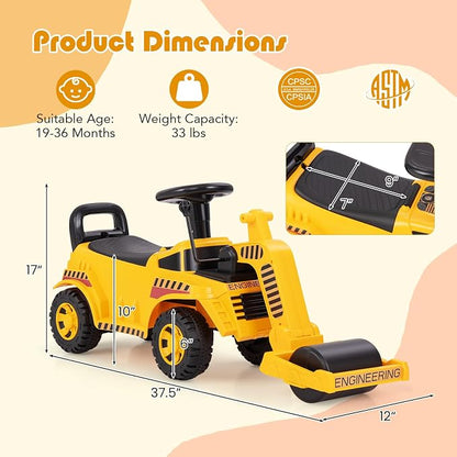 Costzon Ride on Road Roller, Sliding Kids Car with Adjustable Roller, Under-Seat Storage, Anti-Tipping Block & Engine Sound, Construction Vehicle Ride on Push Car for Toddlers Aged 19-36 Months