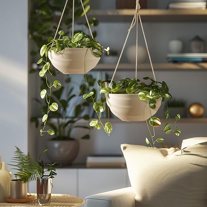 La Jolie Maison 10 Inch Hanging Planters for Indoor Plants, Outdoor Garden Planter Pots with Self-Watering Tray, Oatmeal, Set of 2