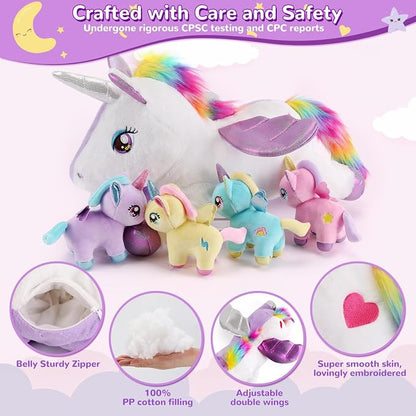 gnomantic Unicorn Stuffed Animals with Babies Inside, Mommy Toy for Kids | 5-Piece set: 1 mommy unicorn + 4 baby unicorns inside. Unzip belly to reveal surprise babies. Ultra-soft, ages 3-8.